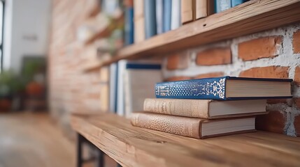 Wall Mural - A cozy interior scene featuring a wooden shelf with stacked books against a brick wall