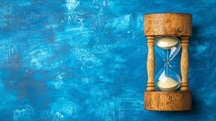 Poster - An hourglass, crafted from warm wood with golden sands, rests on a vibrant blue background. It embodies the elegance of time's passage, inviting reflection and contemplation