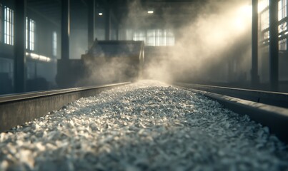 Fototapete - A dimly lit industrial space with a misty atmosphere, showcasing a path lined with white material, likely in a factory or processing facility.