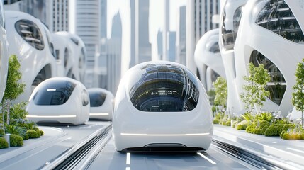 Poster - Smart Urban Mobility, a vibrant cityscape featuring electric taxis, integrated green transportation systems, eco-friendly infrastructure, and abundant open spaces for community interaction