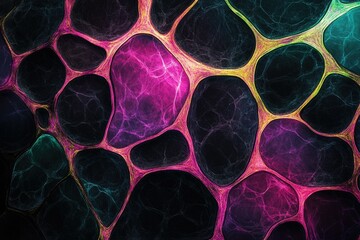 Poster - Abstract fractal art depicting interconnected, glowing organic shapes in vibrant pink, teal, and gold.