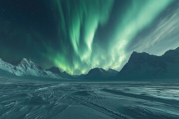 Poster - Majestic aurora borealis illuminates a snow-covered mountain range under a starry sky.