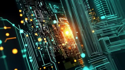 Fototapete - Complex electronic circuit board glowing with vibrant data transfer and futuristic lights, forming an innovative backdrop that highlights technology and modern design