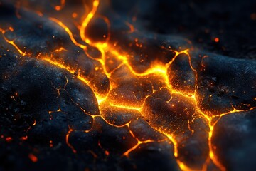 Aufkleber - Molten lava flows through cracks in dark, volcanic rock, creating a fiery, textured landscape.