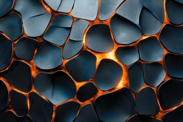 Aufkleber - Abstract 3D render of dark blue, irregularly shaped stones with glowing orange veins.