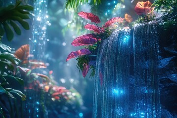Poster - Enchanted waterfall cascading through lush, vibrant tropical foliage, illuminated by ethereal blue glow.
