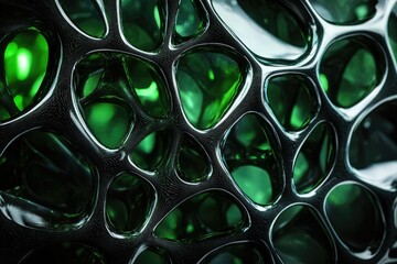 Fototapete - Abstract 3D render of a complex, interconnected network of dark, glossy structures with glowing green interiors.