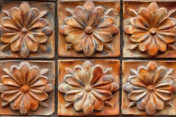 Aufkleber - Rustic terracotta tiles with embossed floral patterns create a unique wall texture.