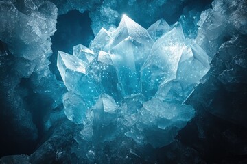 Poster - Luminous blue ice crystals cluster in a dark cave, showcasing intricate formations and ethereal glow.
