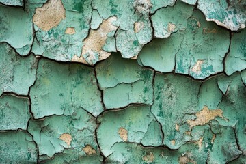 Aufkleber - Cracked teal paint on a weathered surface, showing age and decay.