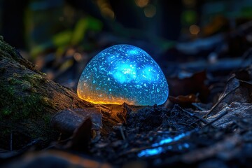 Poster - Glowing blue mushroom in a dark forest, magical fantasy scene.