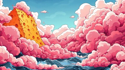 Poster - A whimsical scene featuring a cheese-like mountain amidst pink clouds and ocean waves.