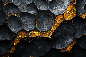 Fototapete - Abstract art depicting a dark, textured surface with glowing golden veins, resembling a molten rock formation or cellular structure.