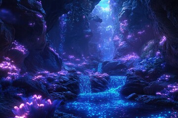 Poster - Enchanted cave with glowing waterfalls and bioluminescent flora, a magical fantasy scene.