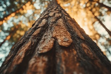 Aufkleber - Close-up view of tree bark texture, sunlight filtering through forest canopy.