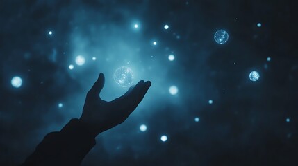 Aufkleber - A hand reaches out toward shimmering blue stars in a cosmic expanse, symbolizing connection to the universe and exploration of the unknown.