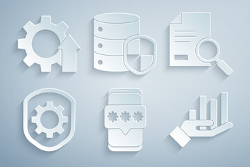 Poster - Set Mobile and password, Document with search, Shield settings gear, Pie chart infographic, Server shield and Arrow growth icon. Vector