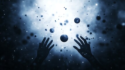 Poster - A dark, cosmic scene featuring hands reaching out toward floating spheres, set against a backdrop of swirling light and particles, suggesting a sense of exploration and wonder.