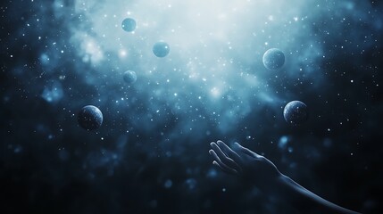 Aufkleber - A cosmic scene depicting a hand reaching towards floating celestial bodies in a starry, ethereal atmosphere.