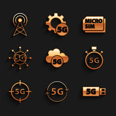 Poster - set cloud 5g network, modem, digital speed meter, micro sim card and antenna icon. vector