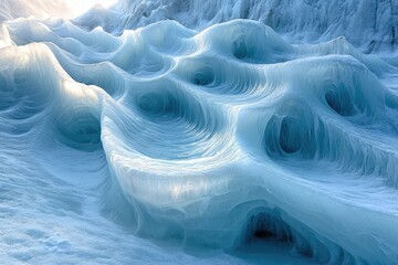 Fototapete - Stunning icy landscape, sculpted by wind and time, creating abstract wave-like formations with translucent blue hues.