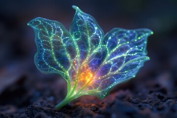 Aufkleber - Glowing bioluminescent plant seedling with vibrant veins, illuminated from within.