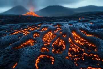 Aufkleber - Glowing lava flows across dark volcanic rock, with a volcano erupting in the background.