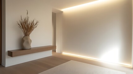 Poster - A minimalist interior with a wooden shelf, a vase of dried flowers, and soft lighting creating a serene ambiance.