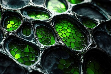 Poster - Abstract close-up of a bioluminescent, organic structure with dark, glossy veins and vibrant green, textured cells.
