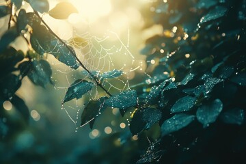 Poster - Dew-kissed spiderweb delicately draped across sunlit leaves, a tranquil morning scene.