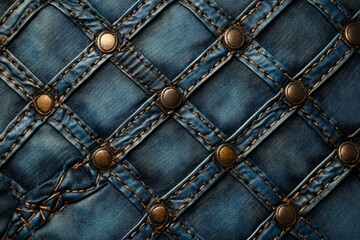 Aufkleber - close-up of denim fabric with a lattice pattern, accented by bronze studs and stitching.