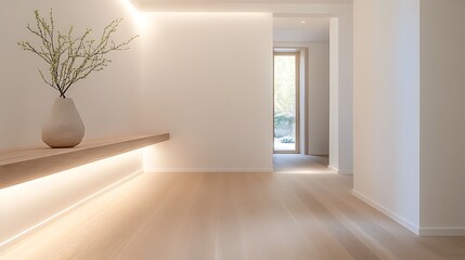 Poster - A minimalist interior featuring soft lighting, a wooden shelf, and a vase with flowers, creating a serene and inviting atmosphere.