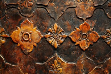 Aufkleber - Intricate floral patterns carved into dark, textured metal surface, showcasing rich bronze and brown hues.
