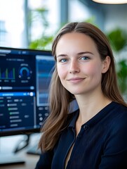 Poster - Businesswoman Analyzing Financial Data on Dual Monitor Workstation with Digital Invoice Financial Charts and Billing Dashboard in Sleek Modern Office Environment