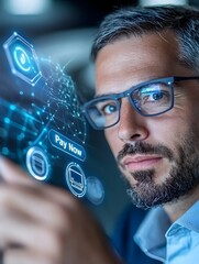 Poster - Businessman tapping a floating digital invoice with encrypted payment data visualized as glowing security icons showcasing a futuristic high tech financial transaction scene