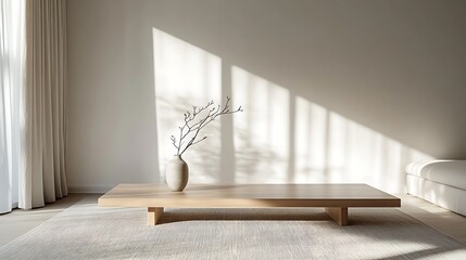 Leinwandbilder - A serene, minimalist interior featuring a wooden table and a vase with branches, illuminated by soft sunlight casting gentle shadows.
