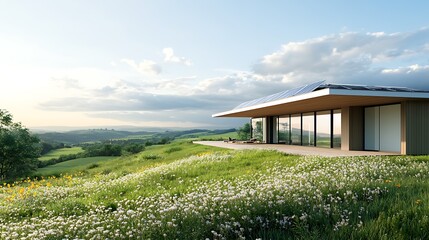 Poster - A modern house sits peacefully on a grassy hill, surrounded by lush meadows and gentle hills under a cloudy sky, creating a tranquil and scenic atmosphere.