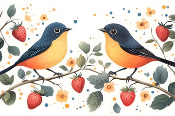 Wall Mural - Two Adorable Birds Perched on a Branch with Strawberries and Flowers