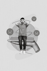 Poster - 3d retro abstract creative artwork template collage of astonished shocked man sitting hand holding smartphone negative comment social media