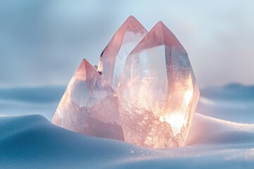 Poster - Cluster of luminous quartz crystals nestled in pristine snow, radiating ethereal glow.