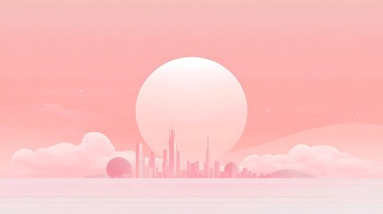 Fototapete - A serene digital landscape featuring a large sun, pastel pink hues, and a silhouette of futuristic city skyline against wispy clouds.