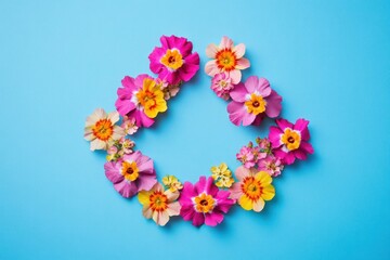 Canvas Print - A vibrant floral wreath crafted from colorful spring flowers, perfect for celebrations, events, or home decor, featuring shades of pink, yellow, and orange blossoms on a bright blue background