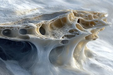 Poster - Abstract porous structure resembling a surreal landscape or bone, with intricate cavities and flowing forms.