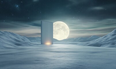 Aufkleber - A surreal scene featuring a glowing door in a snowy landscape, illuminated by a large, bright moon against a starry sky.