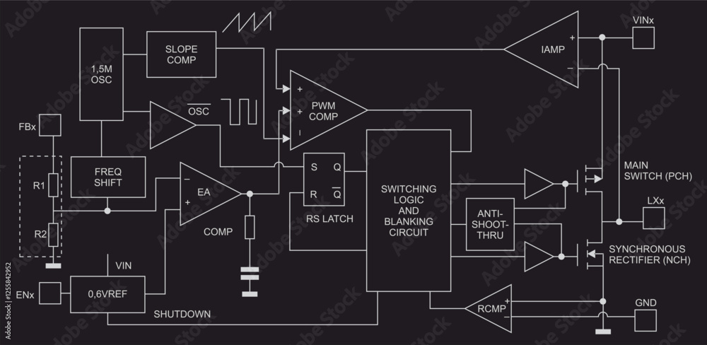 Block diagram of electronic device on sheet of paper. Vector drawing