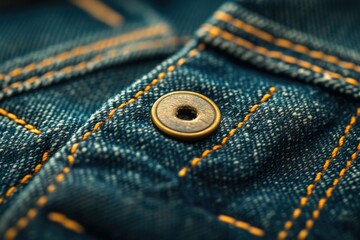 Aufkleber - close-up of denim fabric texture with a metallic button, showcasing intricate stitching and details.