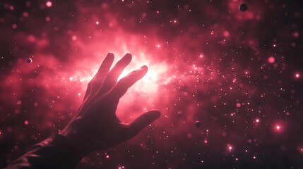 Aufkleber - A hand reaches toward a vibrant, cosmic nebula, surrounded by stars, evoking a sense of wonder and exploration in the vastness of space.