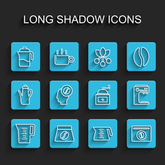 Poster - Set line Jug glass with water, Bag of coffee beans, French press, Coffee pot, Barista, machine and Manual grinder icon. Vector