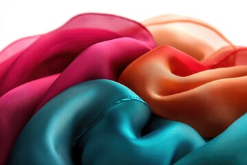 Aufkleber - Close-up of vibrant, flowing fabrics in teal, pink, and orange shades, showcasing their luxurious texture and rich colors.