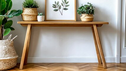 Poster - Beautiful wooden console table adorned with potted plants and framed artwork, enhancing a contemporary living space